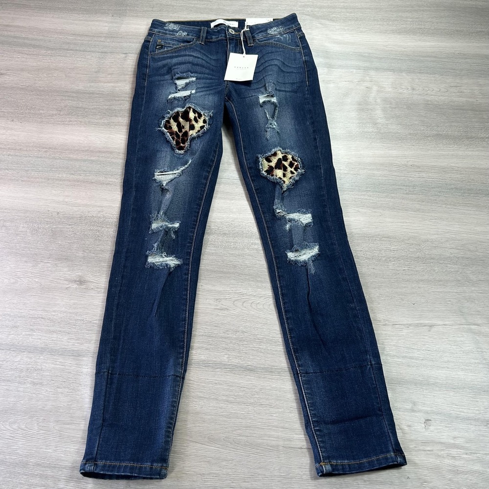 KanCan Jeans Womens‎ 7 27 Distressed Leopard Patch Ankle Skinny Mid Rise Stretch